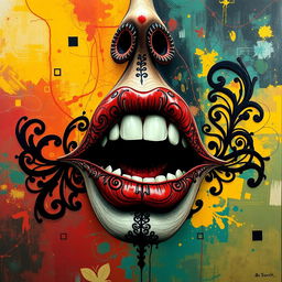 A surreal and stylized art piece featuring a striking exploration of contrast and form