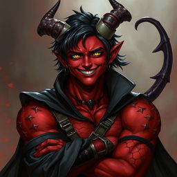 A male tiefling warlock character, posed in a relaxed and cocky stance while smiling charmingly