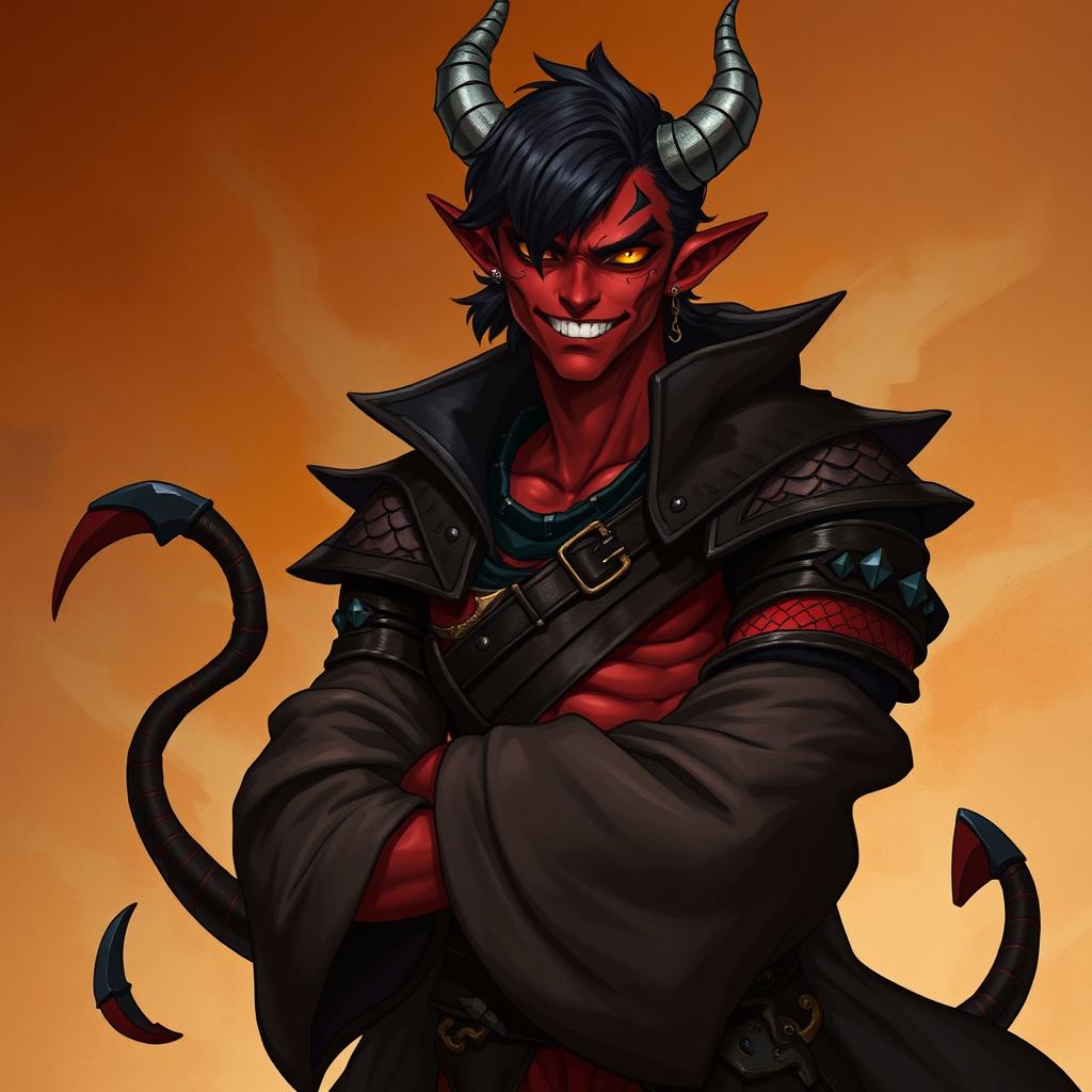 A male tiefling warlock character, posed in a relaxed and cocky stance while smiling charmingly