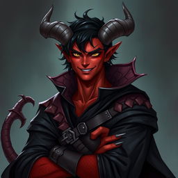 A male tiefling warlock character, posed in a relaxed and cocky stance while smiling charmingly