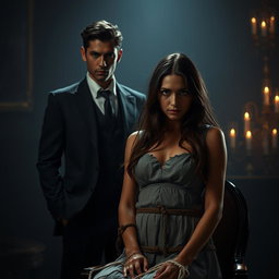 A dark romance scene featuring a young and handsome mafia boss with sharp features and a confident demeanor, dressed in an elegant tailored suit, standing in a dimly lit room filled with shadows