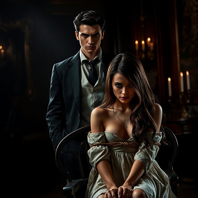A dark romance scene featuring a young and handsome mafia boss with sharp features and a confident demeanor, dressed in an elegant tailored suit, standing in a dimly lit room filled with shadows