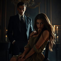 A dark romance scene featuring a young and handsome mafia boss with sharp features and a confident demeanor, dressed in an elegant tailored suit, standing in a dimly lit room filled with shadows