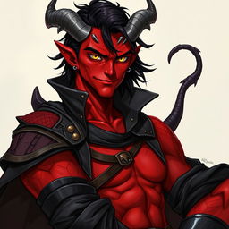 A male tiefling warlock character, posed in a relaxed and cocky stance with a confident smirk on his face