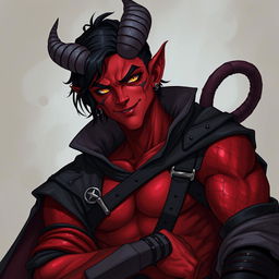 A male tiefling warlock character, posed in a relaxed and cocky stance with a confident smirk on his face