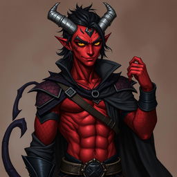 A male tiefling warlock character, posed in a relaxed and cocky stance with a confident smirk on his face