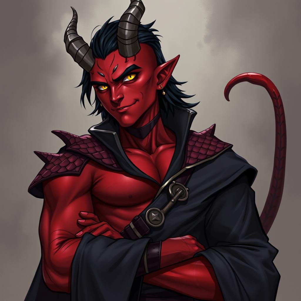 A male tiefling warlock character, posed in a relaxed and cocky stance with a confident smirk on his face