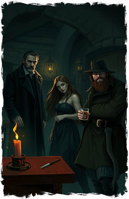 A dark and moody atmospheric scene depicting three mysterious strangers in a dimly lit, gloomy tavern