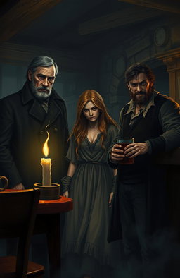 A dark and moody atmospheric scene depicting three mysterious strangers in a dimly lit, gloomy tavern