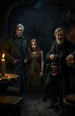 A dark and moody atmospheric scene depicting three mysterious strangers in a dimly lit, gloomy tavern