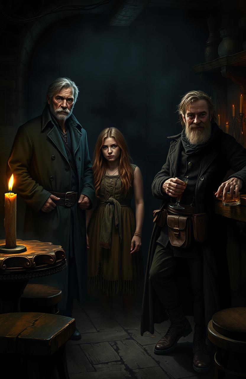 A dark and moody atmospheric scene depicting three mysterious strangers in a dimly lit, gloomy tavern