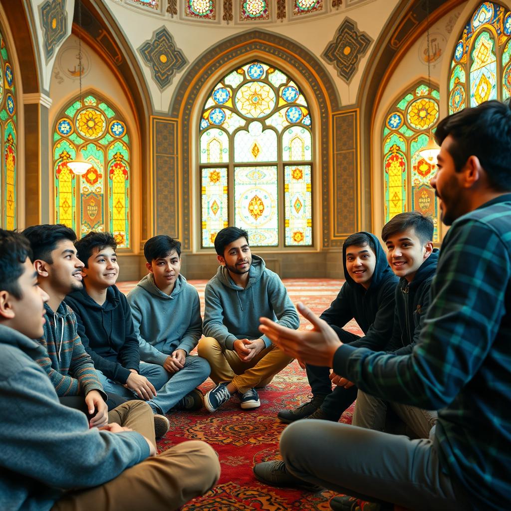 A group of Iranian teenage boys sitting in a circle inside a mosque, engaging in conversation with their young coach