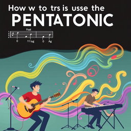 Learn how to use the pentatonic scale for music improvisation, featuring vivid illustrations of instruments like the guitar and keyboard, musicians passionately playing, visual notation of the pentatonic scale, and colorful sound waves emanating from the instruments, representing creativity and expression in music