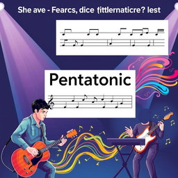 Learn how to use the pentatonic scale for music improvisation, featuring vivid illustrations of instruments like the guitar and keyboard, musicians passionately playing, visual notation of the pentatonic scale, and colorful sound waves emanating from the instruments, representing creativity and expression in music