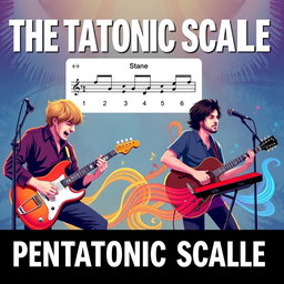 Learn how to use the pentatonic scale for music improvisation, featuring vivid illustrations of instruments like the guitar and keyboard, musicians passionately playing, visual notation of the pentatonic scale, and colorful sound waves emanating from the instruments, representing creativity and expression in music