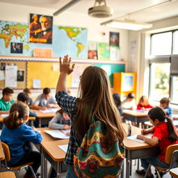 A vibrant classroom setting filled with diverse students engaged in social studies activities