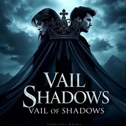 A stunning book cover for the fantasy novel 'Vail of Shadows', featuring a dark, ornate crown majestically resting atop a flowing veil that cascades down and envelops the silhouette of a grand, shadowy castle