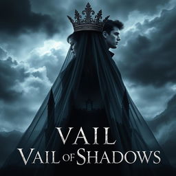 A stunning book cover for the fantasy novel 'Vail of Shadows', featuring a dark, ornate crown majestically resting atop a flowing veil that cascades down and envelops the silhouette of a grand, shadowy castle