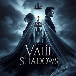 A stunning book cover for the fantasy novel 'Vail of Shadows', featuring a dark, ornate crown majestically resting atop a flowing veil that cascades down and envelops the silhouette of a grand, shadowy castle