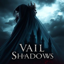A stunning book cover for the fantasy novel 'Vail of Shadows', featuring a dark, ornate crown majestically resting atop a flowing veil that cascades down and envelops the silhouette of a grand, shadowy castle