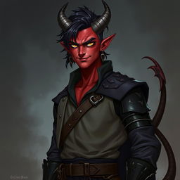 A male tiefling warlock character standing in a relaxed, cocky stance with a confident smirk on his face