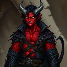 A male tiefling warlock character standing in a relaxed, cocky stance with a confident smirk on his face