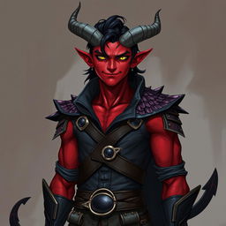 A male tiefling warlock character standing in a relaxed, cocky stance with a confident smirk on his face