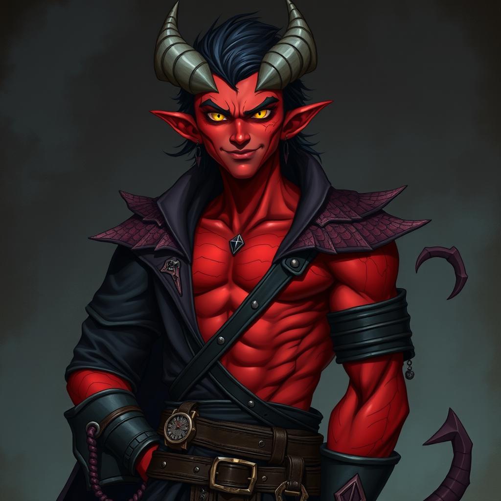 A male tiefling warlock character standing in a relaxed, cocky stance with a confident smirk on his face