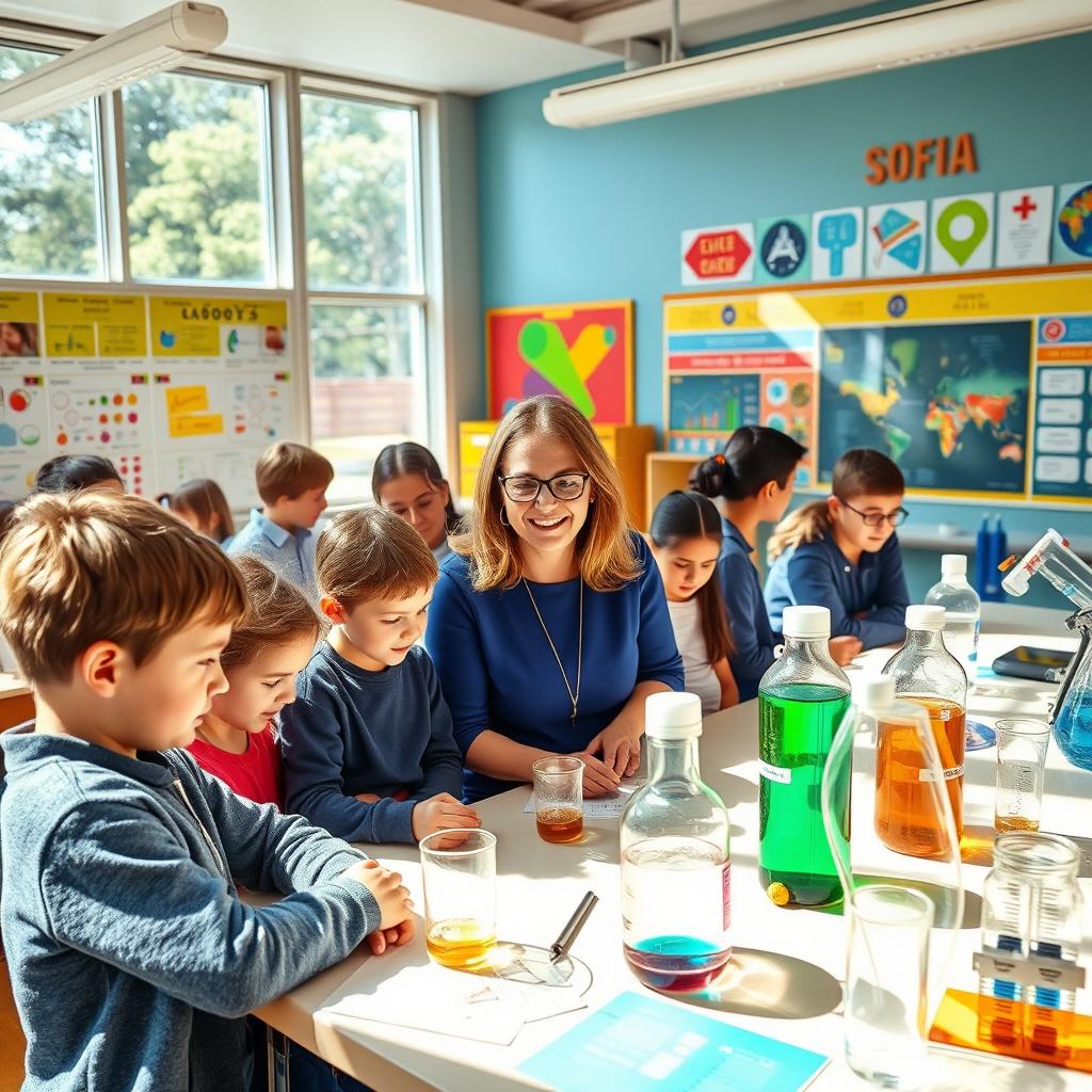A vibrant and captivating educational scene in a modern science classroom named 'Sofia'
