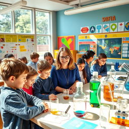 A vibrant and captivating educational scene in a modern science classroom named 'Sofia'