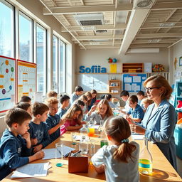 A vibrant and captivating educational scene in a modern science classroom named 'Sofia'