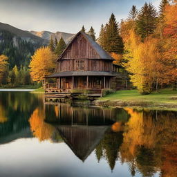 A charming rustic house gracefully reflected on a placid, glassy lake.