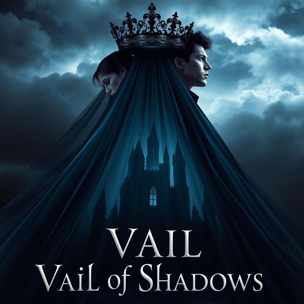 An enchanting book cover for the fantasy novel 'Vail of Shadows', featuring a dark, ornate crown majestically positioned atop a flowing veil that cascades down, enveloping the silhouette of a grand, shadowy castle