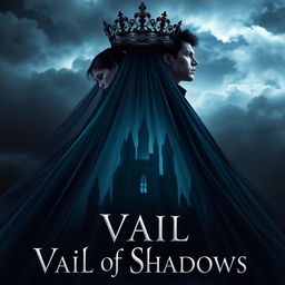An enchanting book cover for the fantasy novel 'Vail of Shadows', featuring a dark, ornate crown majestically positioned atop a flowing veil that cascades down, enveloping the silhouette of a grand, shadowy castle