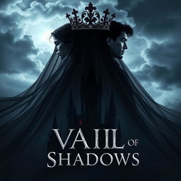 An enchanting book cover for the fantasy novel 'Vail of Shadows', featuring a dark, ornate crown majestically positioned atop a flowing veil that cascades down, enveloping the silhouette of a grand, shadowy castle