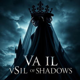 An enchanting book cover for the fantasy novel 'Vail of Shadows', featuring a dark, ornate crown majestically positioned atop a flowing veil that cascades down, enveloping the silhouette of a grand, shadowy castle