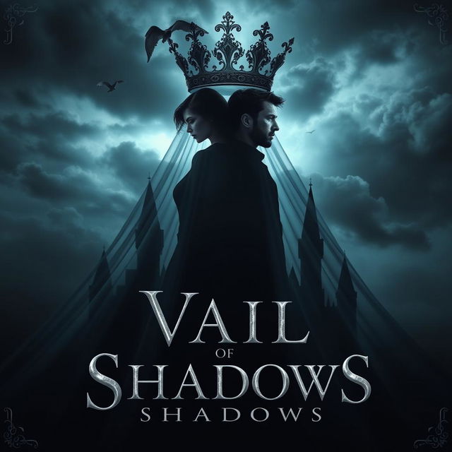 An enchanting book cover for the fantasy novel 'Vail of Shadows', featuring a dark, ornate crown majestically positioned atop a flowing veil that cascades down, enveloping the silhouette of a grand, shadowy castle