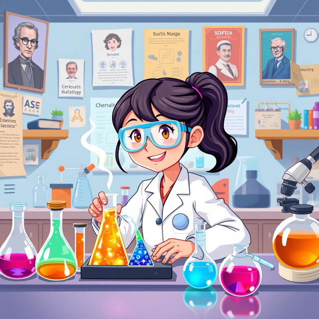 An engaging and colorful science-themed illustration featuring a character named Sofia, who is depicted as a curious and passionate young scientist