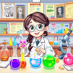 An engaging and colorful science-themed illustration featuring a character named Sofia, who is depicted as a curious and passionate young scientist