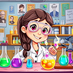 An engaging and colorful science-themed illustration featuring a character named Sofia, who is depicted as a curious and passionate young scientist