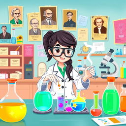 An engaging and colorful science-themed illustration featuring a character named Sofia, who is depicted as a curious and passionate young scientist