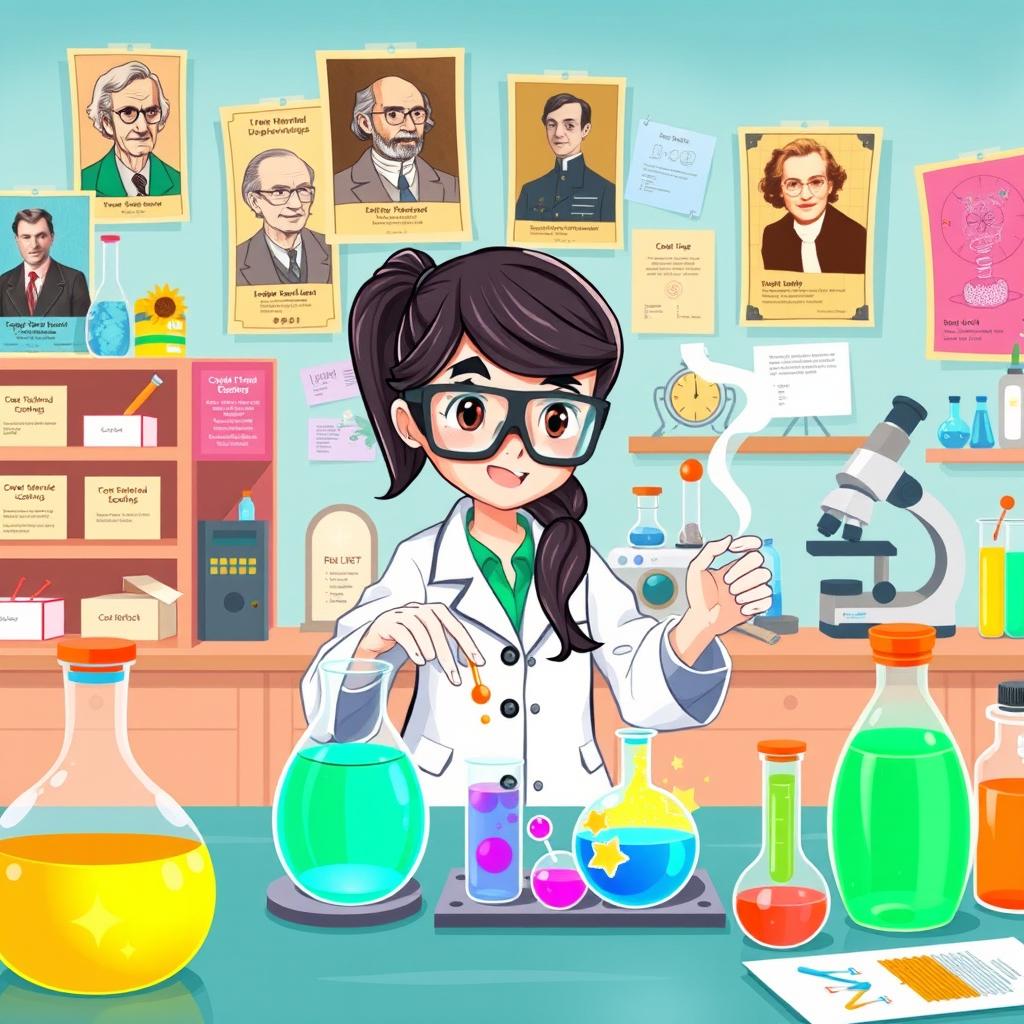 An engaging and colorful science-themed illustration featuring a character named Sofia, who is depicted as a curious and passionate young scientist