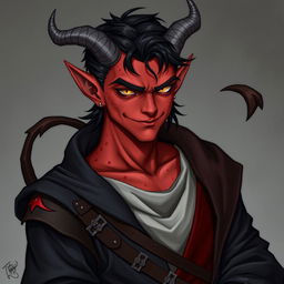 A male tiefling warlock character, depicted in a relaxed and cocky stance with a confident smirk on his face