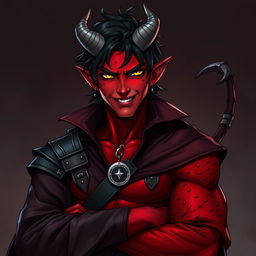 A male tiefling warlock character, depicted in a relaxed and cocky stance with a confident smirk on his face