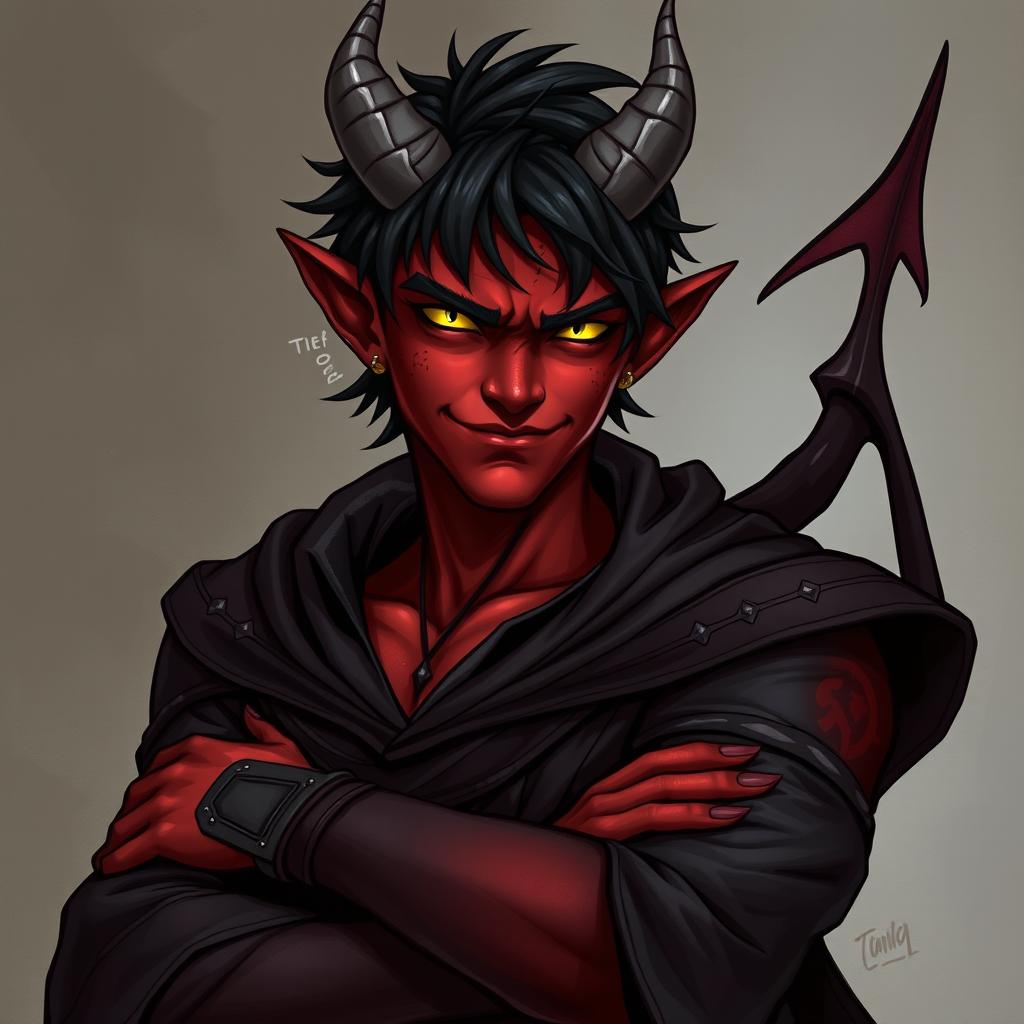A male tiefling warlock character, depicted in a relaxed and cocky stance with a confident smirk on his face