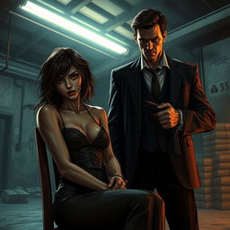 A gritty, realistic scene depicting a dark romance narrative where a young woman is held hostage by a mysterious, brooding figure in a dimly lit, abandoned warehouse