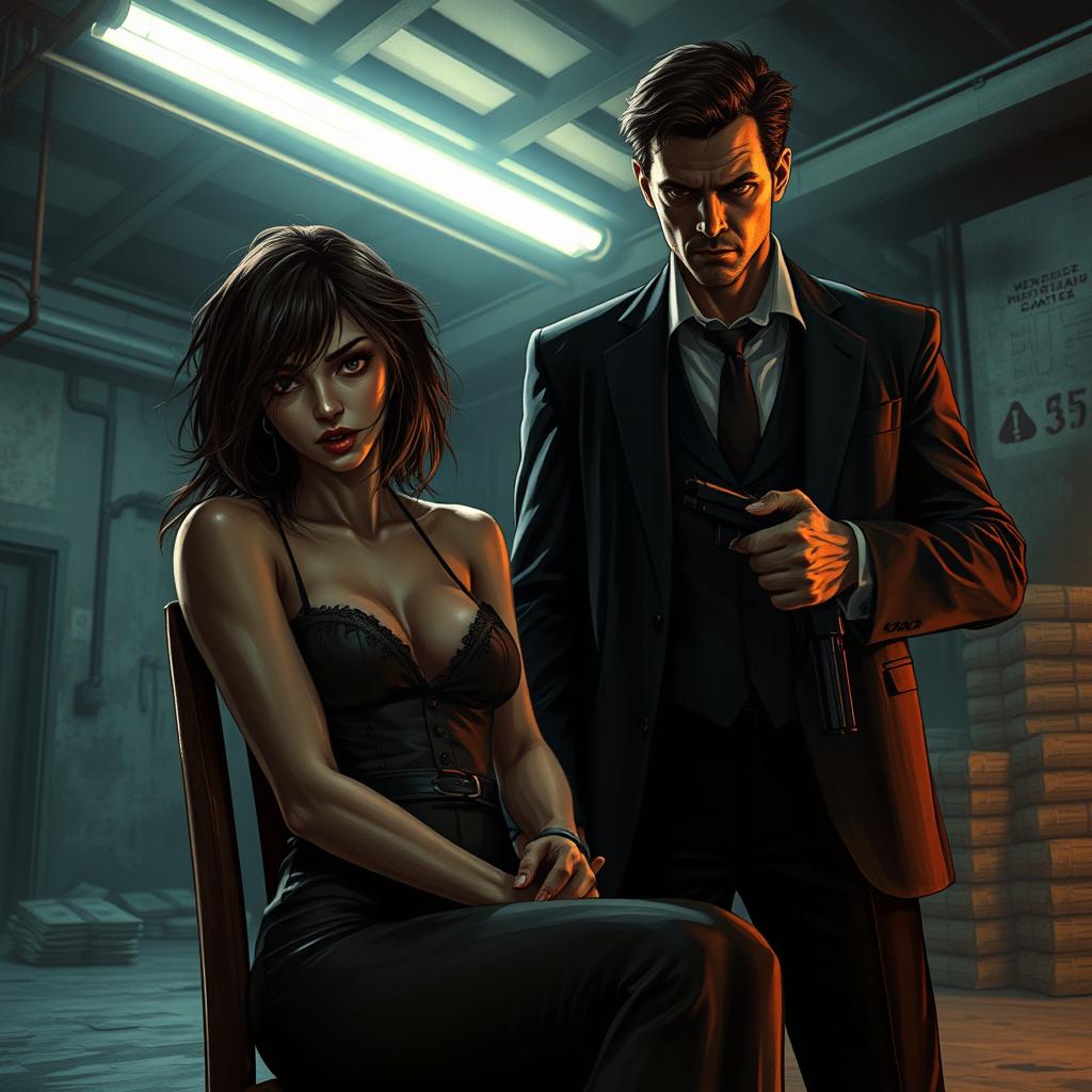 A gritty, realistic scene depicting a dark romance narrative where a young woman is held hostage by a mysterious, brooding figure in a dimly lit, abandoned warehouse