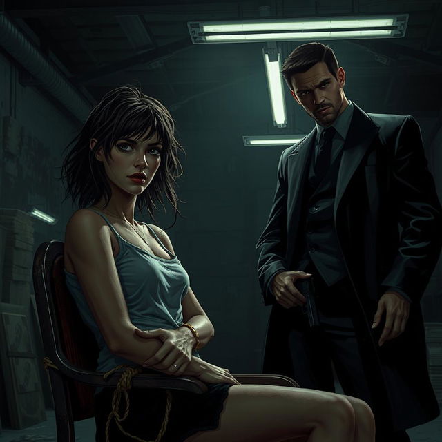 A gritty, realistic scene depicting a dark romance narrative where a young woman is held hostage by a mysterious, brooding figure in a dimly lit, abandoned warehouse