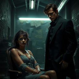 A gritty, realistic scene depicting a dark romance narrative where a young woman is held hostage by a mysterious, brooding figure in a dimly lit, abandoned warehouse