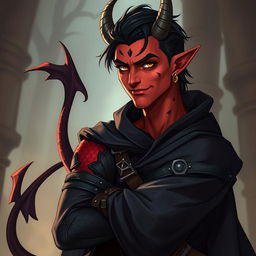 A male tiefling warlock character depicted in a relaxed and cocky stance, sporting a confident smirk